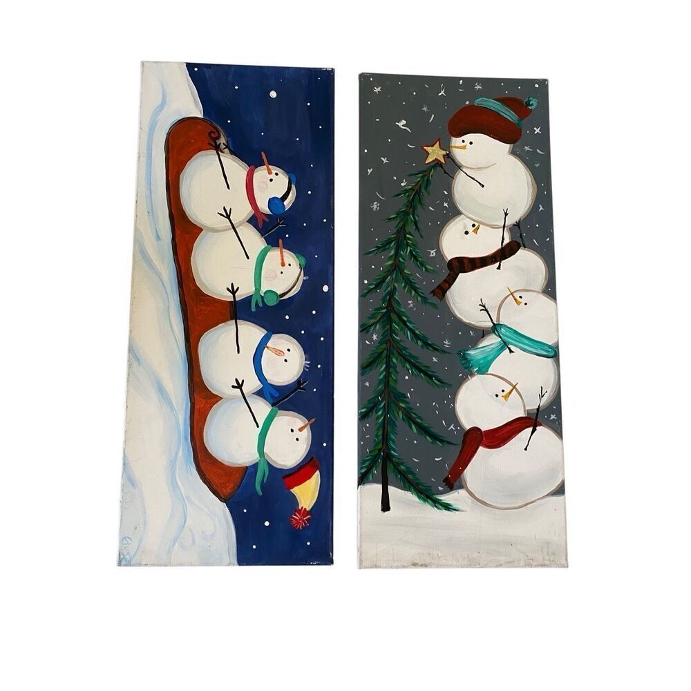 Lot of 2 Handpainted Snowman Christmas Canvas Paintings Xmas Decor Home Decorati